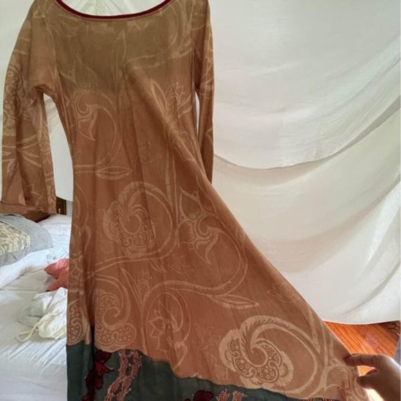 Indian block print hand dyed tan and blue bird motif tunic dress, size small - Picture 7 of 7